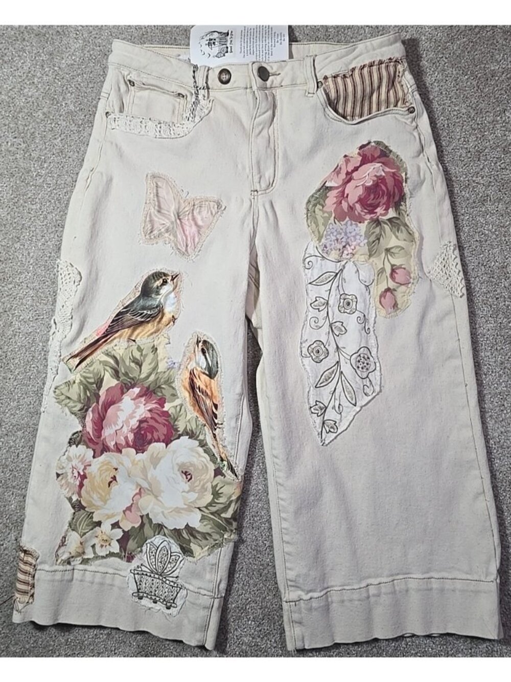 OOAK Magnolia Boho Jeans Wide Leg High Rise Embroidery Applique Adjusts 28"-34"